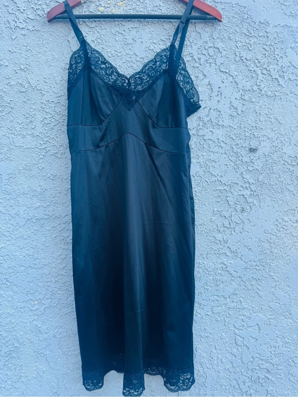 Vintage American Black Nylon Slip Dress with Lace Trim, Size Small Made In USA